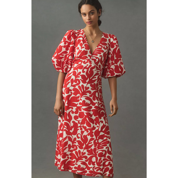 NWT RHODE Ina Red and White Print Midi Dress - Size 0 - Picture 2 of 5